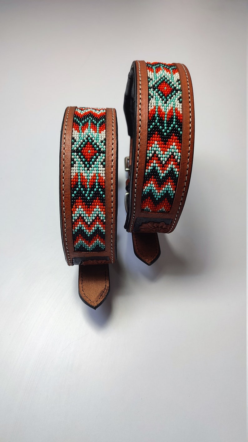 Beaded Hand Tooled Hand Crafted Padded Genuine Leather Dog Collar image 5