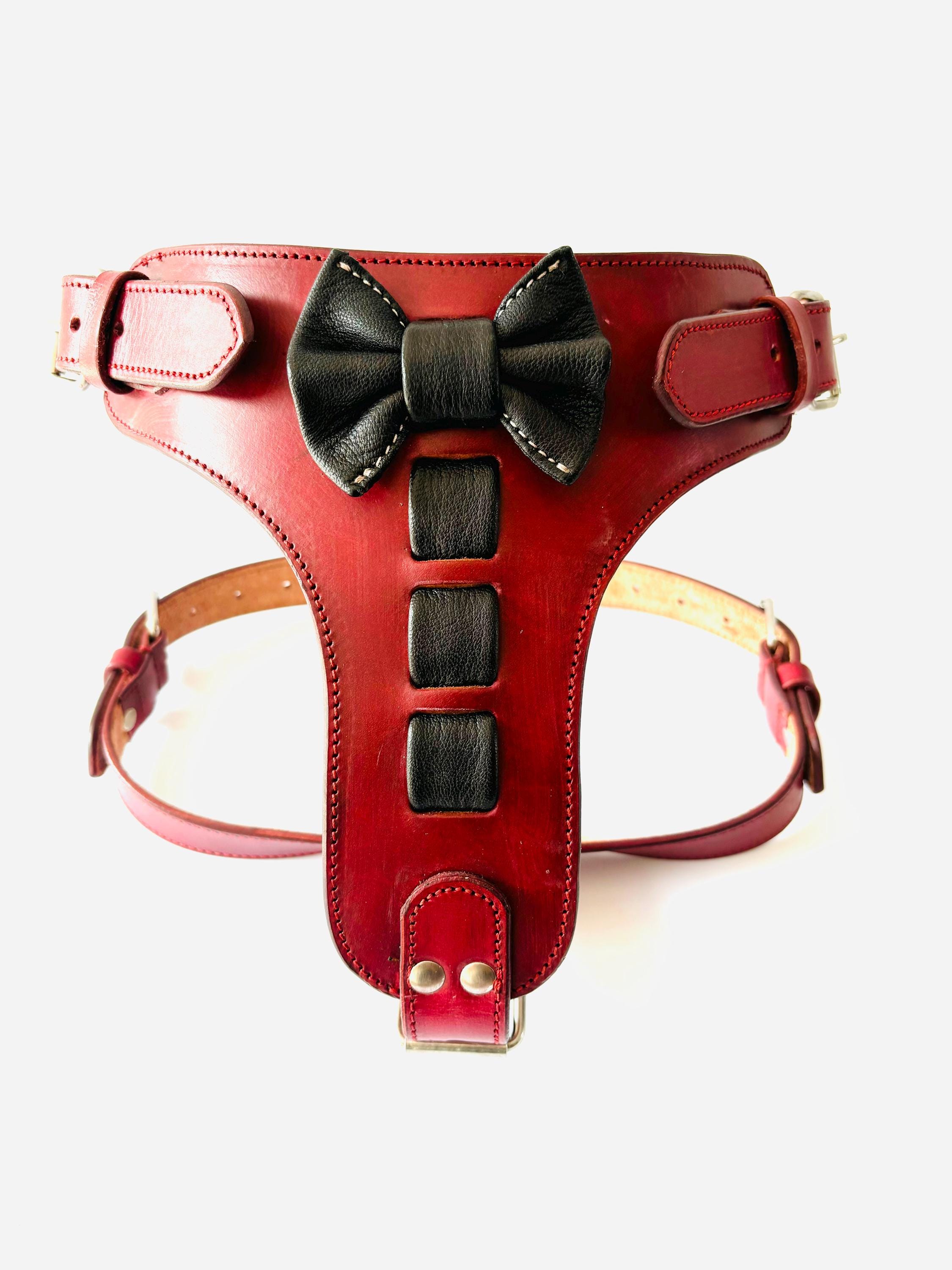 Badri Genuine Leather Handmade Brown Dog Harness Cute Black Bow-knot Pattern Design Dog Harness Brown Leather Dog Harness Medium/Large Dog