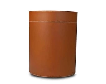 Badri Round Leather Box Cylindrical Leather Trash Can Tan Harness Leather Dustbin |Office Use|Multipurpose Premium Leather Round Box 12&quot;x9&quot;