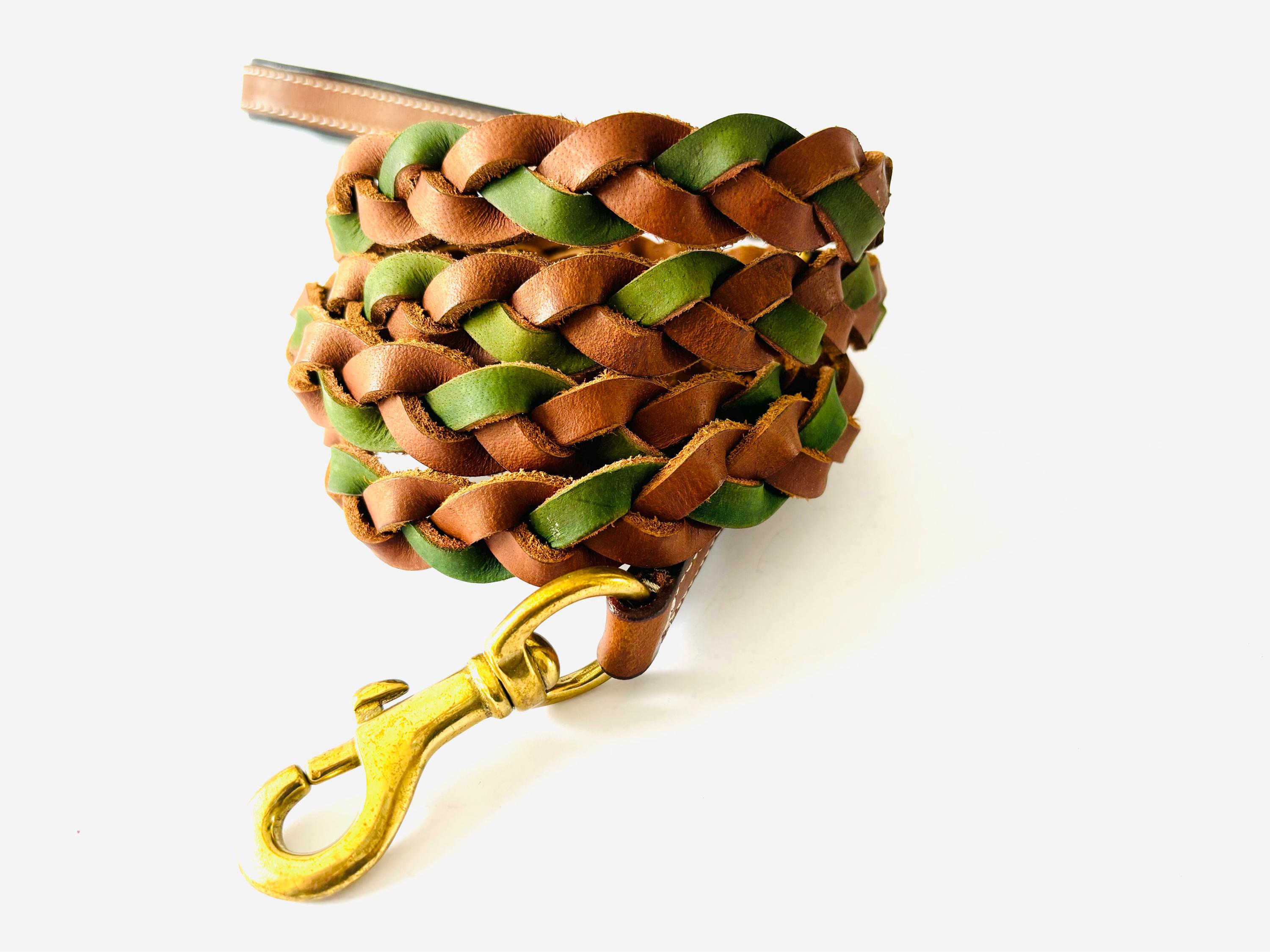 Badri Genuine Leather Handmade Dog Leash Beaded Dog Leash Dog Training Leash Dog Walking Leash 4 ft & 6 ft Brown And Green Leather Dog Leash