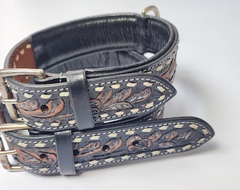 Badri Genuine Leather Western Dog Collar Handmade Black Leather Dog/Cat Collar Adjustable fully padded floral tooling collar With D-ring