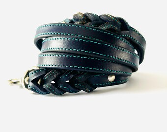 Badri Genuine Leather Handmade Dog Leash Hand tooling Dog Walking Lead Blue Dog Training Leash Heavy Duty Dog Leash Premium Dog leash 49&quot; in