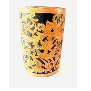 Badri Genuine Leather Premium Handmade Round Leather Box Floral Tooling Cylindrical Leather Box Leather Storage Box/Solid Leather Basket