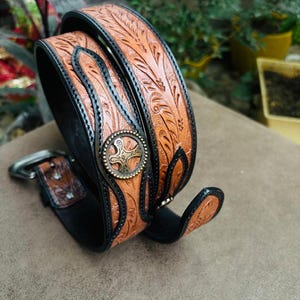 Badri Genuine Leather Brown Handmade Men&#39;s Belt Cow Boy Belt Tooling Belt Small to X-Large Western Men&#39;s Belt Handcrafted Tooling Belt