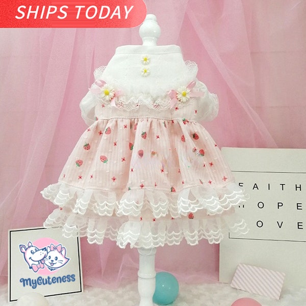 Handmade Pink Lolita Dogs Dress for Small Dogs Female Girls Puppy Cat Summer Dog Dress Cute Floral Lace Pet Princess Birtyday Dress Costume