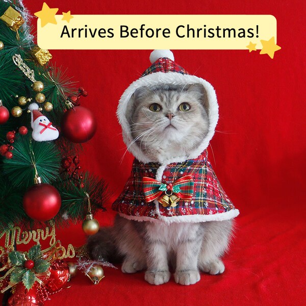 Christmas Santa Outfit Cloak with hat for Cats Small Medium Dogs | Holiday Xmas Costume for Pets |XS ~ XL Winter Coat