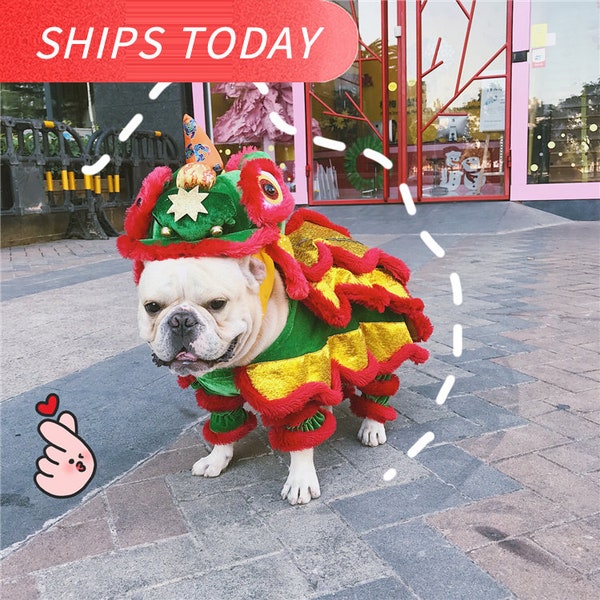 2024 New Chinese Traditional Dancing Lion Hoodie Dog Bright colorful traditional oriental lion costume Pet Birthday Gift