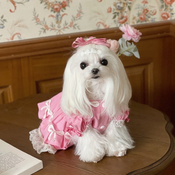 Dog Wedding Dress Princess Costume Dog Birthday Outfit Party Gown Dog Fancy Dress Kitten Cat Puppy Luxury Pink lace dress (no hair clips)