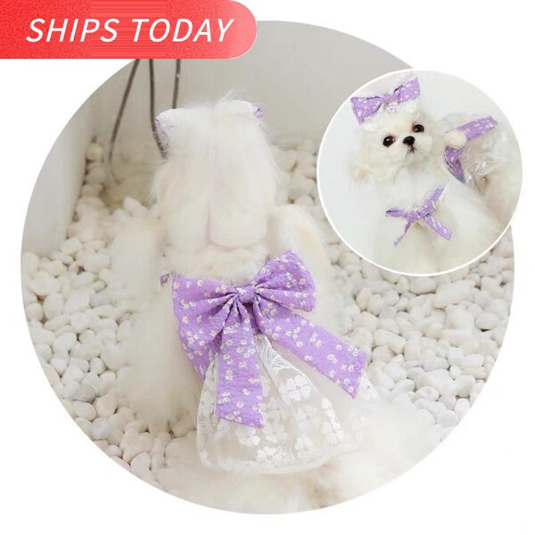 Dog Clothing Set Hair Clip and Dress Cute Small Dog Puppy Outfit Floral Purple Lilac Cotton Princess Tutu Tulle Skirt Dog Owner Gift