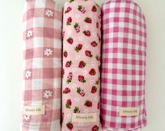 Strawberry Picnic Swaddle Set | Swaddle Individual | Baby Girl Swaddles | Cotton Flannelette