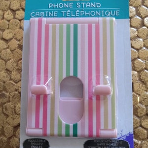 Cellphone Stand. Dusty pink with colored stripes. New.