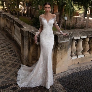Lace Long Sleeve Dress Mermaid Wedding Dress Sheer Neckline