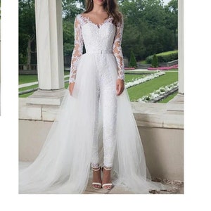 Customized Long Sleeve Jumpsuit Wedding Dresses, With Detachable Train, Lace Appliques Tulle Pants Suit Bridal Gown, Button Back Elegant