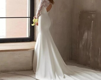 satin button back wedding dress