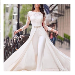 Jumpsuit Lace Wedding Dress, With Detachable Train Dress, Long Sleeves O-Neck Dress, Formal White Bridal Gowns Beaded vestidos de novia