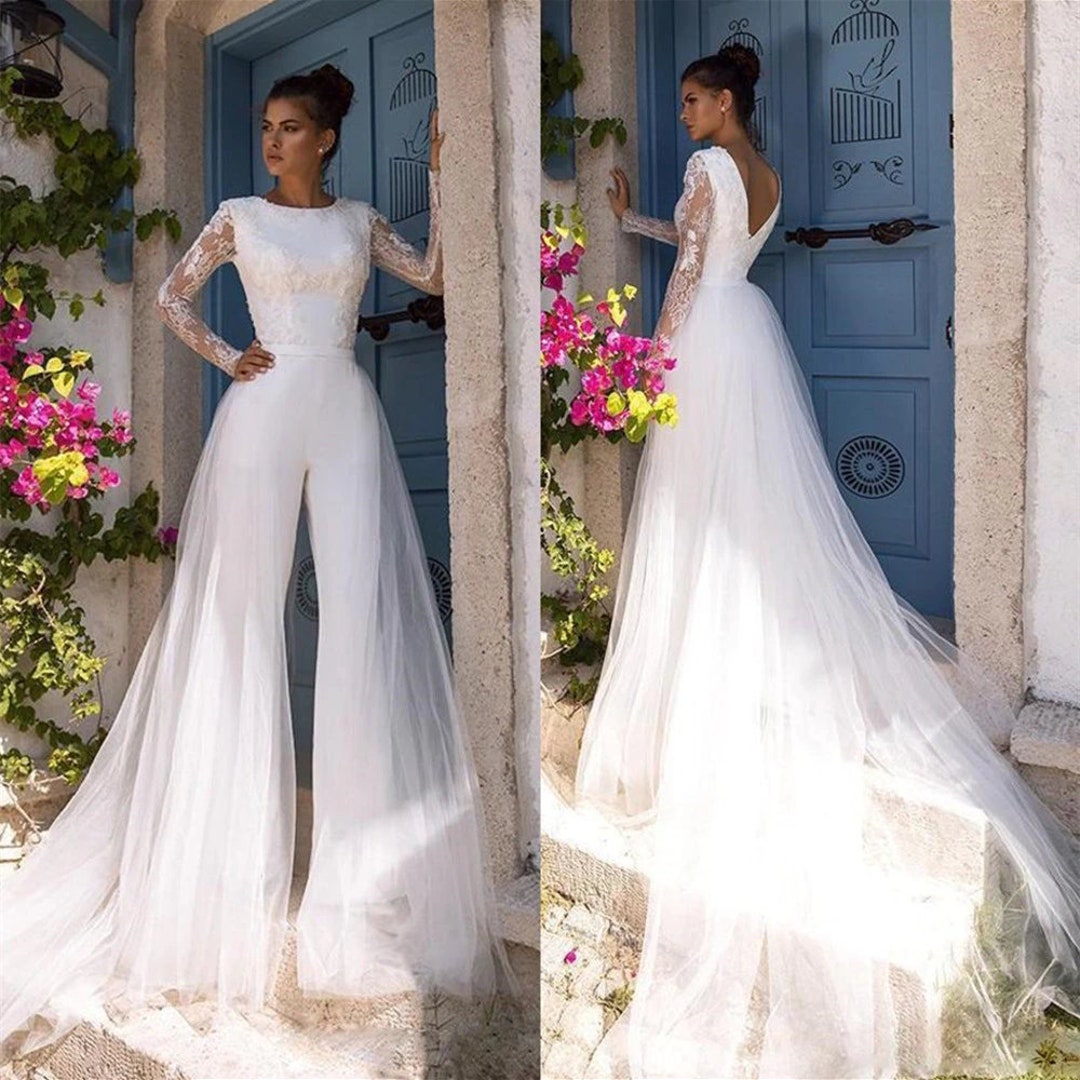 Customized Jumpsuit Lace Backless Wedding Dress Detachable Etsy