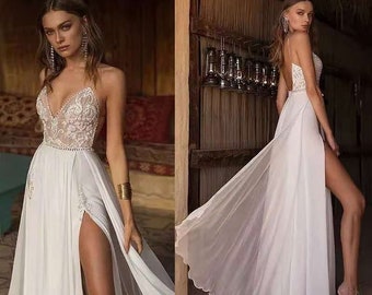Customized Beach Wedding Dress, Boho vestido de noiva Bohemian Lace Bridal Dress, Backless Spaghetti Straps V Neck, Luxury  Wedding Gowns