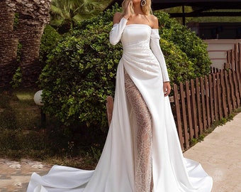 Customized High Slit Strapless, Wedding Dresses Long Sleeves, Pearls Backless Court Train, Sparkly Beading Modern Style For Women Stain