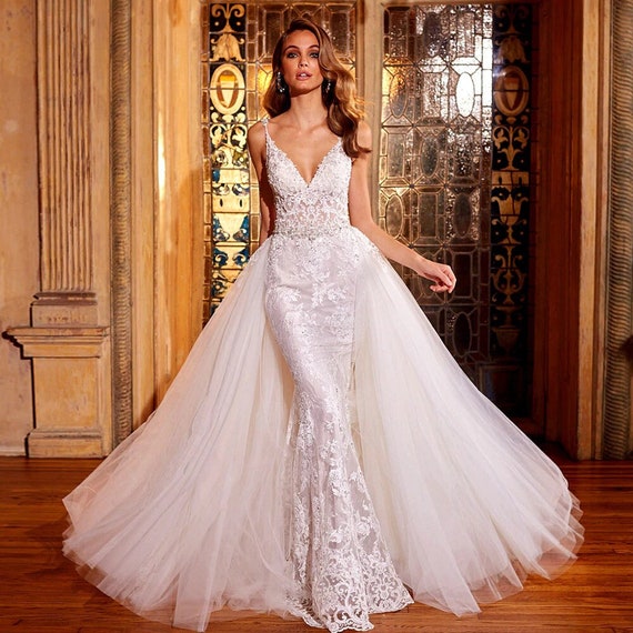 Customized 2 Pieces Mermaid Wedding Dresses Removable Train