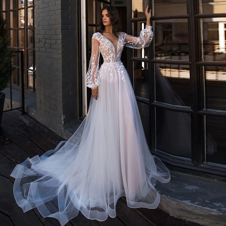 Customized Elegant Dress V-neck Wedding Dress Beach Long - Etsy