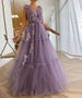 Sevintage Elegant Lavender Dresses, Tiered Tulle Long Prom Dresses A Line Fitted Boning Dresses, 3D Flowers Floor Length Evening Gowns 