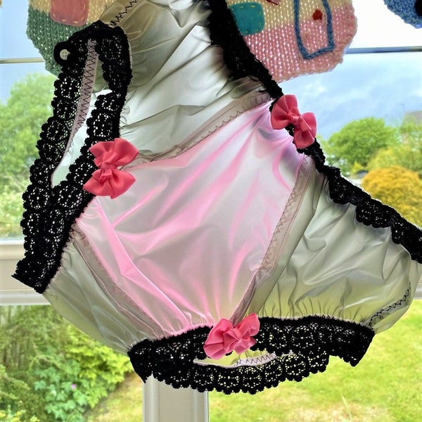 Sissy black & pink pvc panties knickers waterproof plastic lace bows see through adult baby fetish handmade