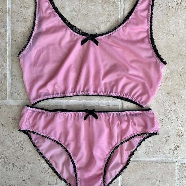 Pastel pink nylon tricot handmade bralette training bra and panties set- sissy cute cd sheer, sexy, semi-sheer and soft!