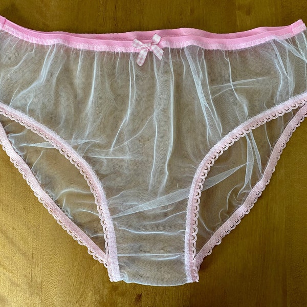 Handmade panties knickers pastel pink white picot lace net mesh sissy see through sexy sheer cd tv