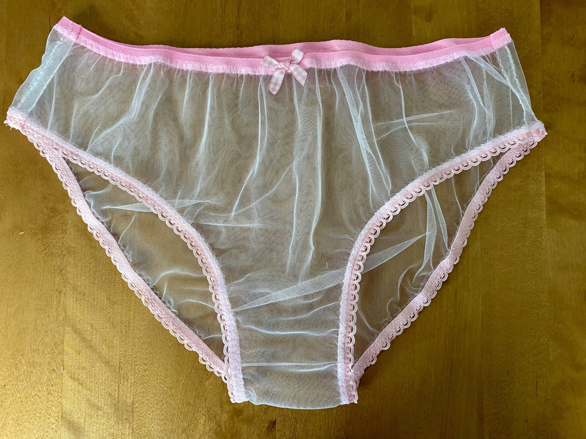 Handmade panties knickers pastel pink white picot lace net mesh sissy see through sexy sheer cd tv