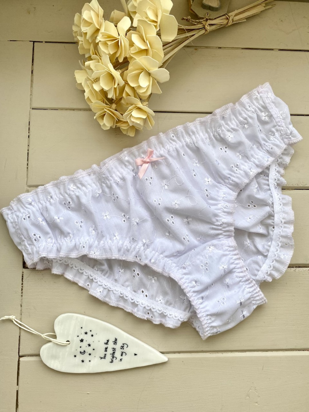 Handmade White Broderie Anglaise Cotton Panties Low Rise Frilly