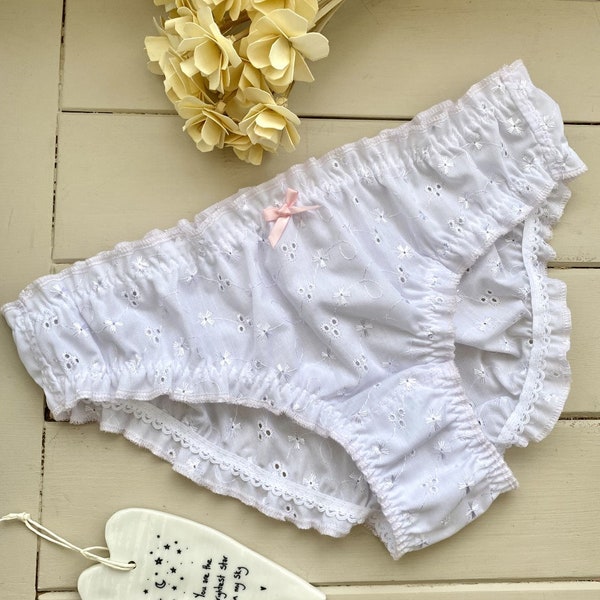 Handmade white Broderie Anglaise cotton panties low rise frilly knickers cute kawaii sissy