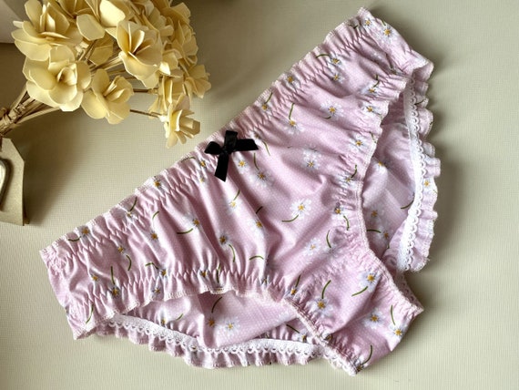 Handmade cotton panties low rise pink with daisy flowers frilly knickers  cute kawaii sissy ab