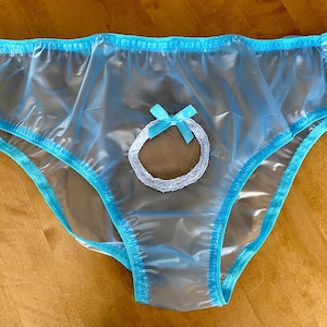Sissy blue pvc panties with lace trimmed hole knickers waterproof plastic see through adult baby fetish