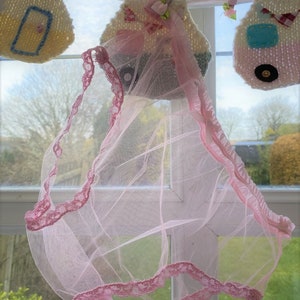 Handmade Panties sheer net see through lacy knickers sissy cute pink frilly lace cd tv