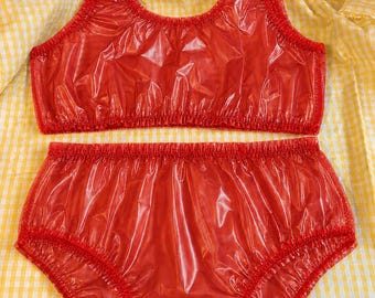 See through red plastic pvc bralette and panty set masculine handmade - sissy