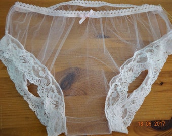 Handmade panties knickers pastel pink white picot lace net mesh sissy see through sexy sheer cd tv