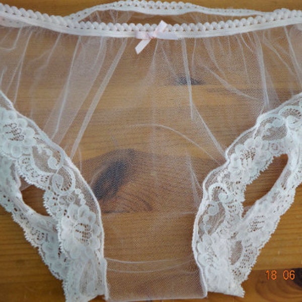 Handmade panties knickers pastel pink white picot lace net mesh sissy see through sexy sheer cd tv