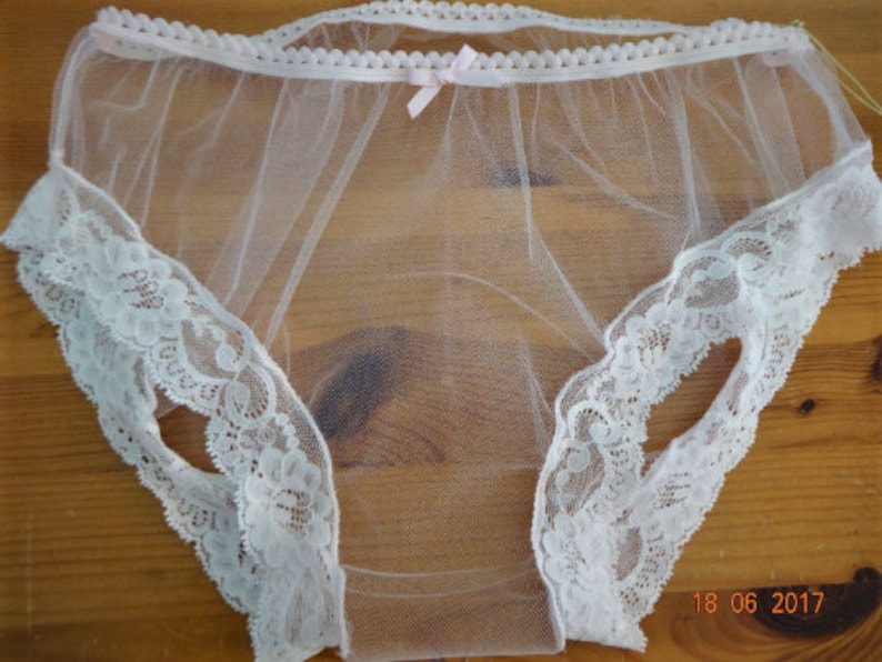 Handmade panties knickers pastel pink white picot lace net mesh sissy see through sexy sheer cd tv 