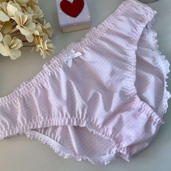 Handmade cotton panties low rise pastel pink gingham check frilly knickers cute