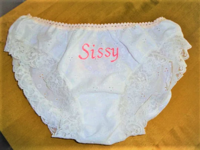 Handmade Panties white Broderie Anglaise embroidered knickers pink Sissy cute white lace cd tv 