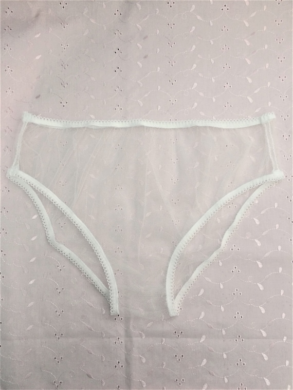 Handmade panties knickers white net plain white picot mesh sissy see  through sexy sheer