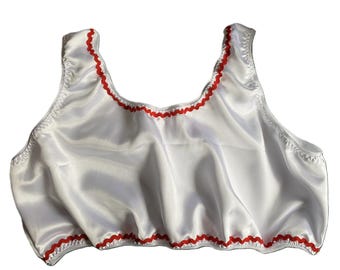 White satin double layered bralette handmade with red trim- sissy cd tv ab