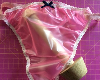 Sissy pink pouch double layered semi opaque pvc thong knickers waterproof sexy plastic sheath pocket