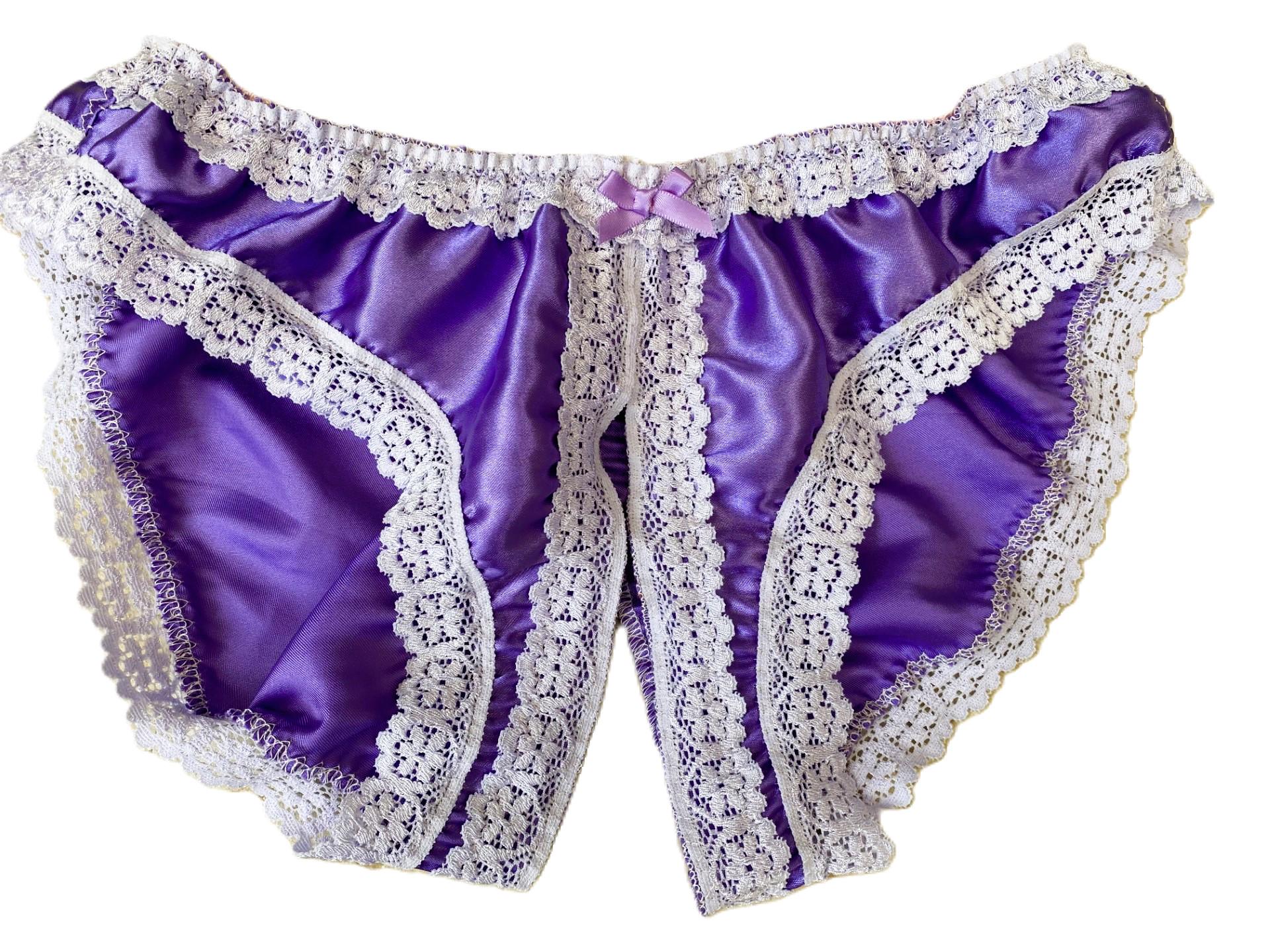 Handmade Crotchless Satin Panties Knickers Sissy Silky Lace and Bows