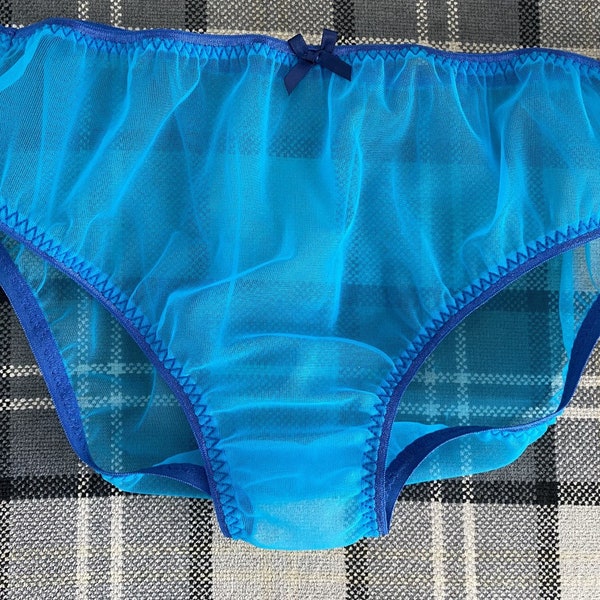 NEW Handmade soft sheer nylon tricot panties knickers blue with blue picot sissy see through sexy cd tv