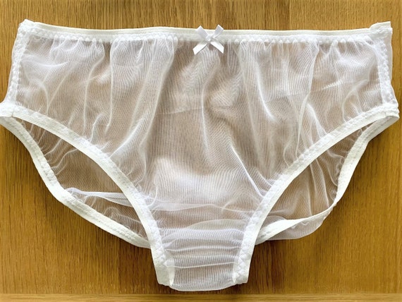 Handmade soft sheer nylon tricot panties knickers white picot sissy see  through sexy cd tv