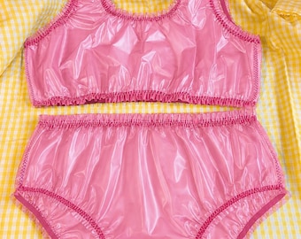 See through pink plastic pvc bralette and panty set masculine handmade - sissy