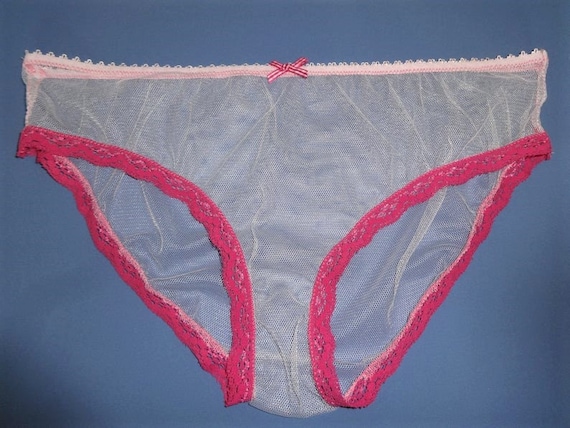 Handmade panties knickers gingham pink net mesh sissy see through sexy  sheer cd tv ab