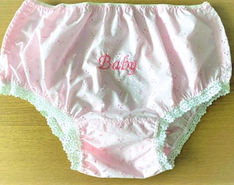 Handmade Panties embroidered "Baby" nappy diaper cover sissy pink broderie anglaise cute lace cd tv adult baby