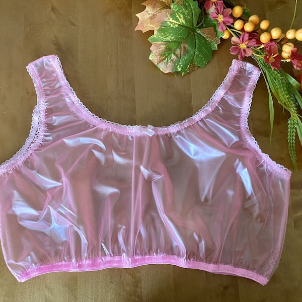 Durchsichtig rosa Kunststoff PVC Bralette handgemacht - Sissy CD TV ab